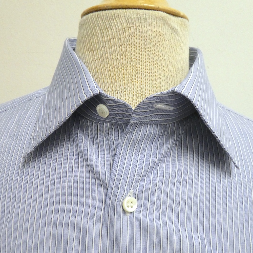 BATTISTONI Barneys cotton STRIPE blue white DRESS SHIRT French Cuff 16.5 L